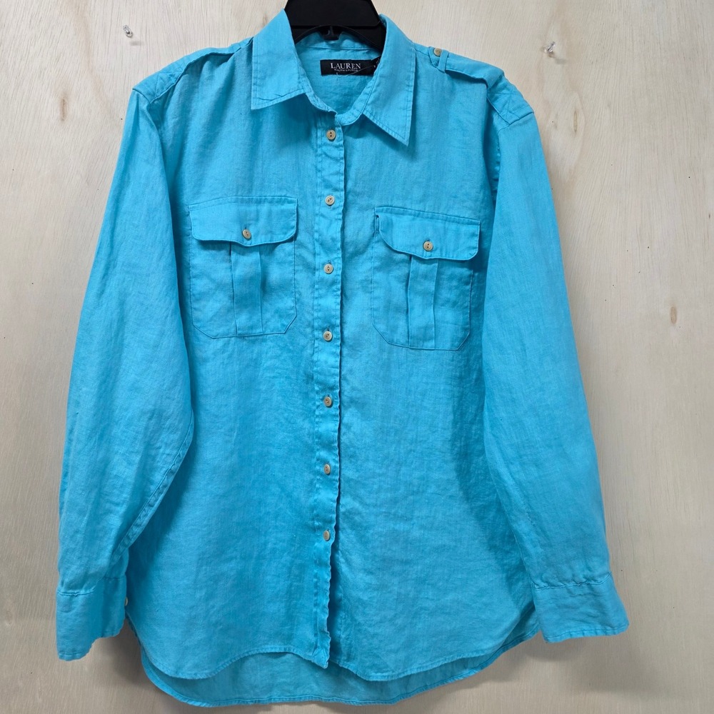 Lauren Ralph Lauren 100% Linen Utility Button Down Shirt Turquoise Blue M